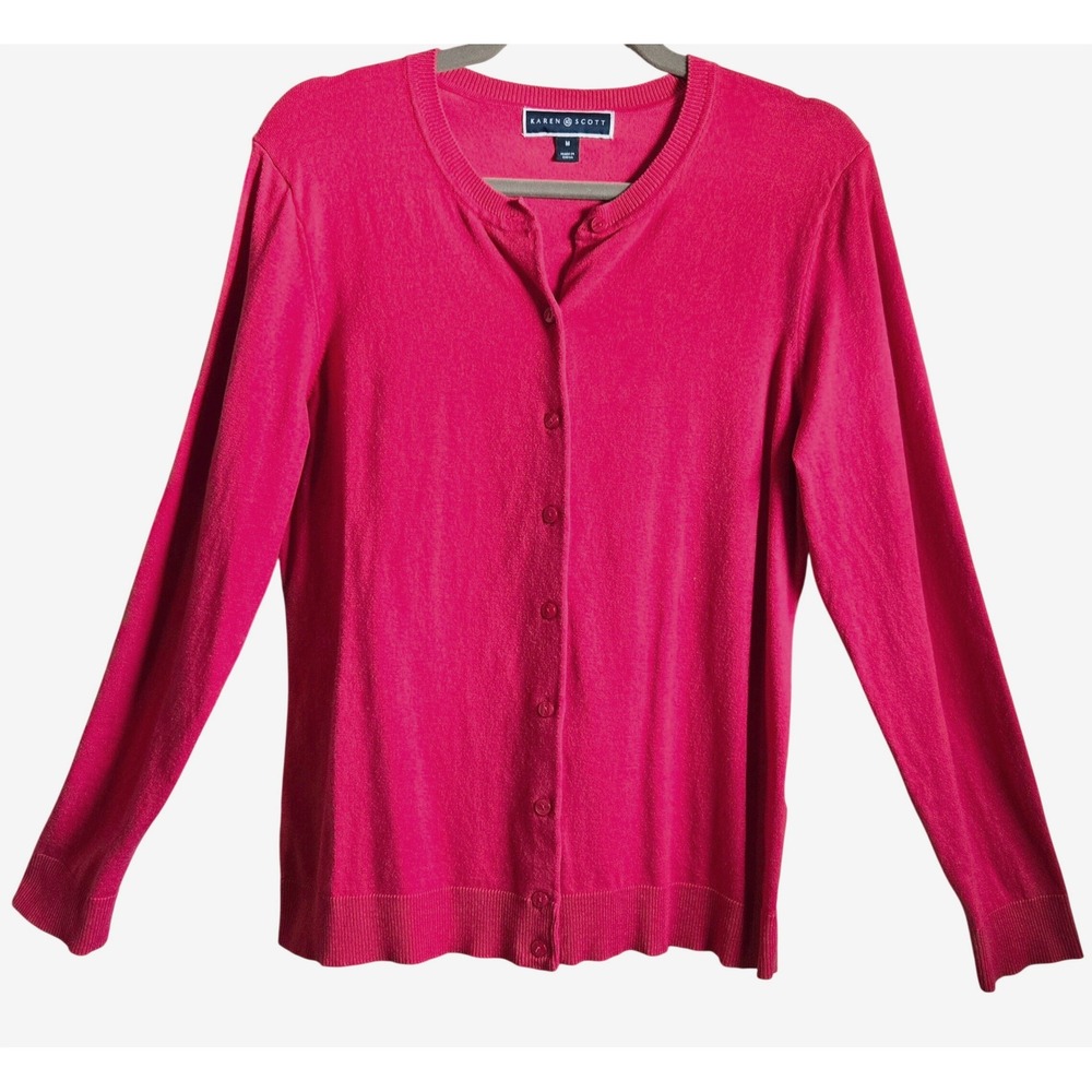 Karen Scott Women's M Retro Hot Pink Cotton Blend Button Front Cardigan Sweater